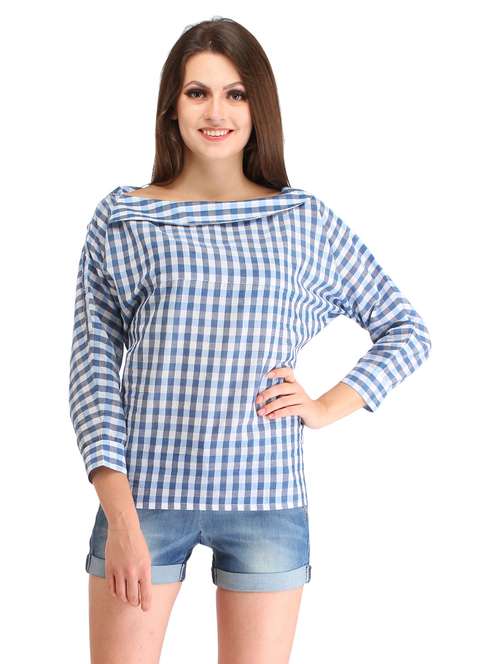 boat neck gingham checkered top - 18347633 - Standard Image - 0