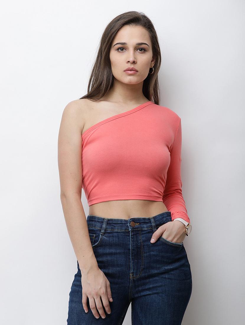 single sleeved solid crop top - 18347648 - Zoom Image - 0
