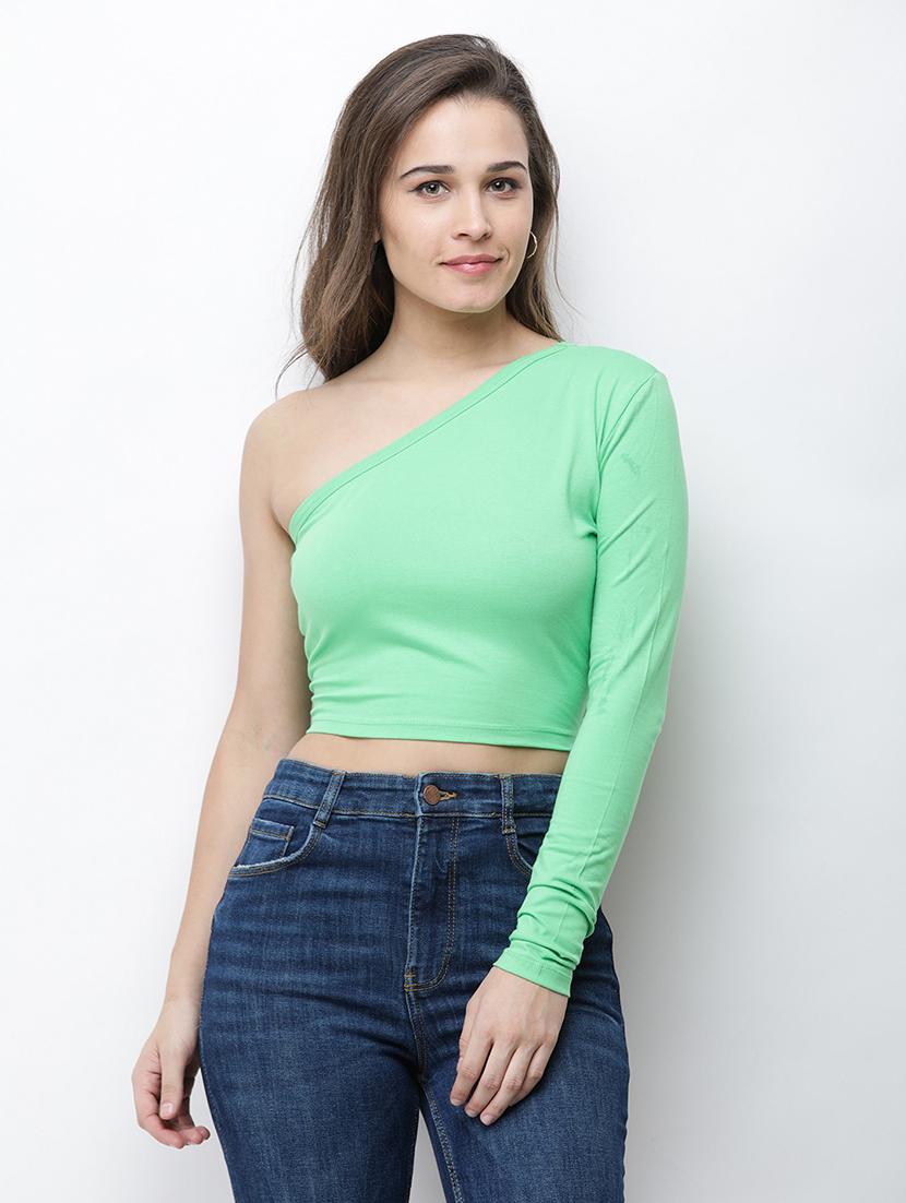 single sleeved solid crop top - 18347653 - Zoom Image - 0