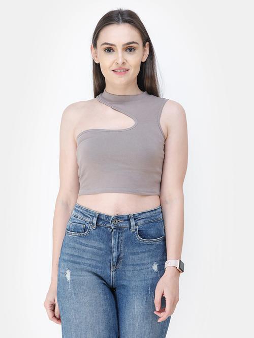 single shoulder solid crop top - 18347698 - Standard Image - 0