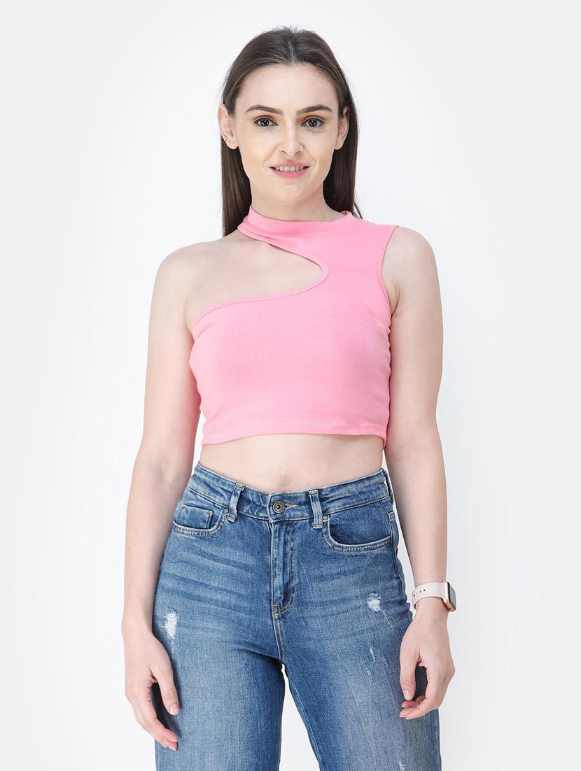 single shoulder solid crop top - 18347703 - Zoom Image - 0