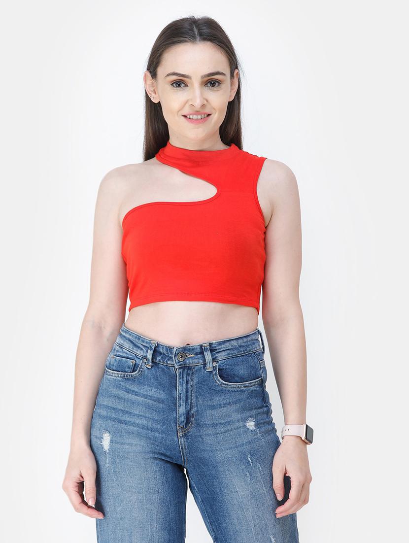 single shoulder solid crop top - 18347705 - Zoom Image - 0