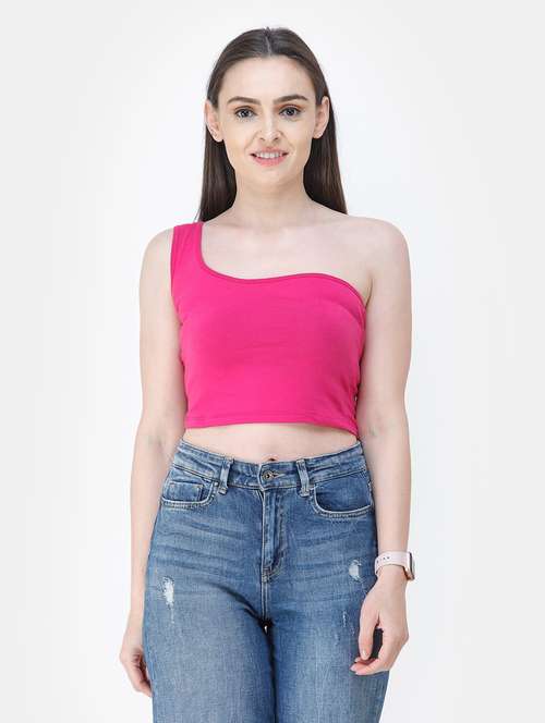 single shoulder solid crop top - 18347709 - Standard Image - 0