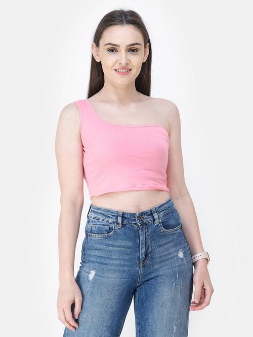 single shoulder solid crop top - 18347712 -  Standard Image - 0