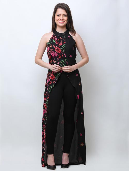 women black front slit printed maxi tunic - 18347812 - Standard Image - 0