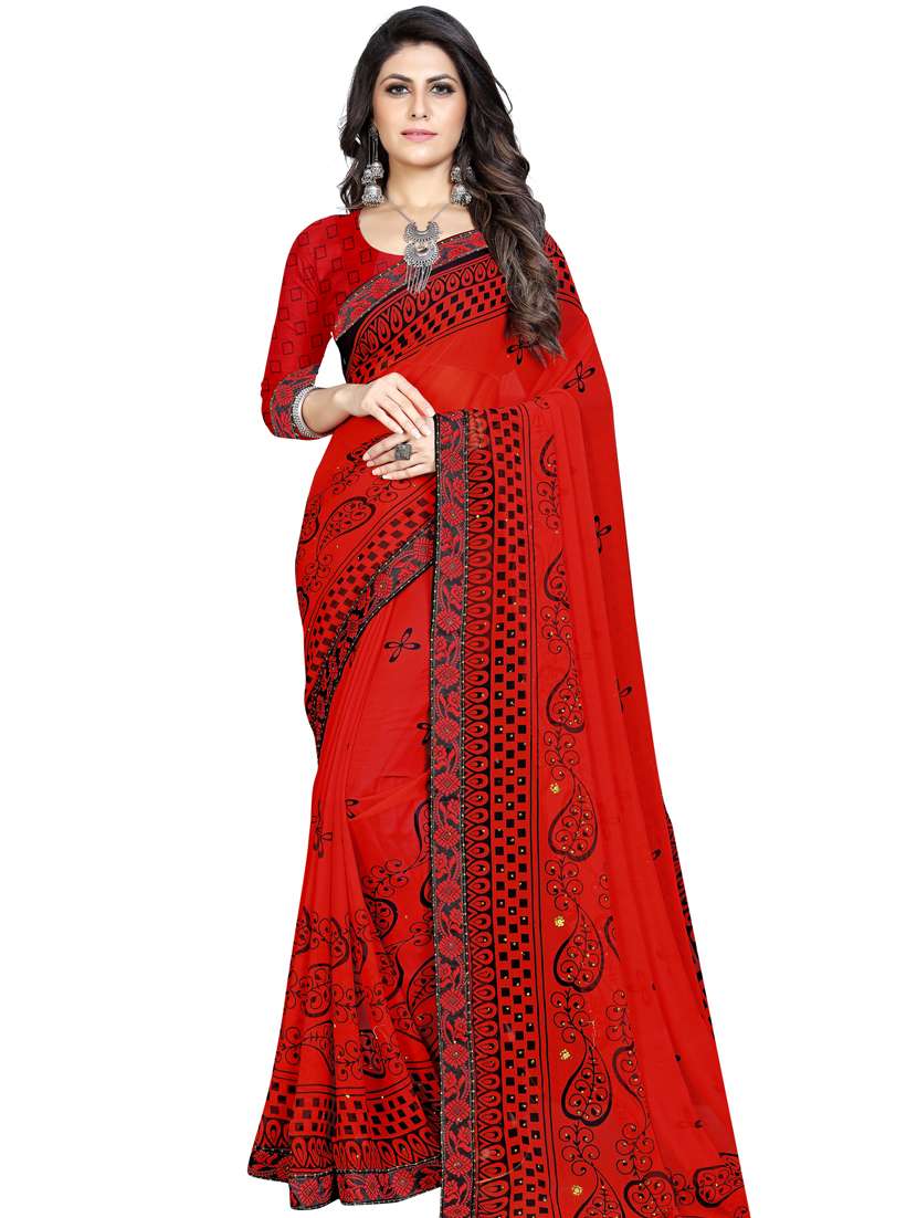 women's printed red colored saree with blouse