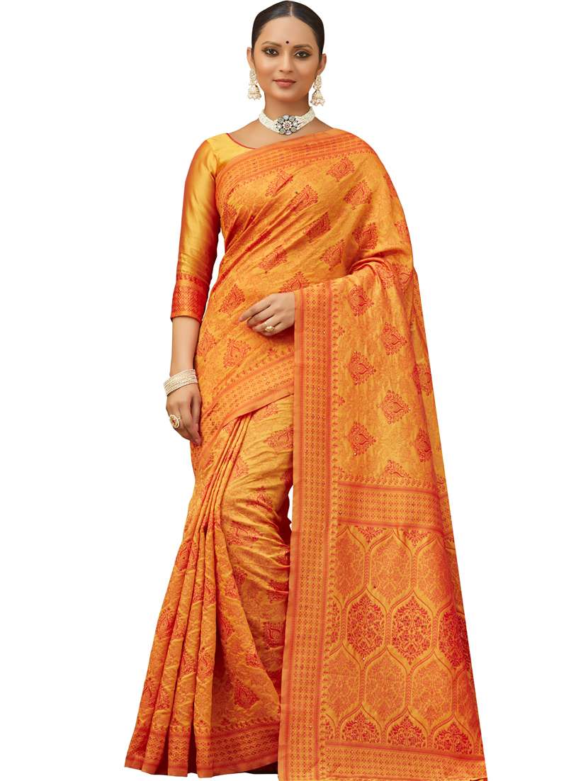 women's self design orange colored saree with blouse