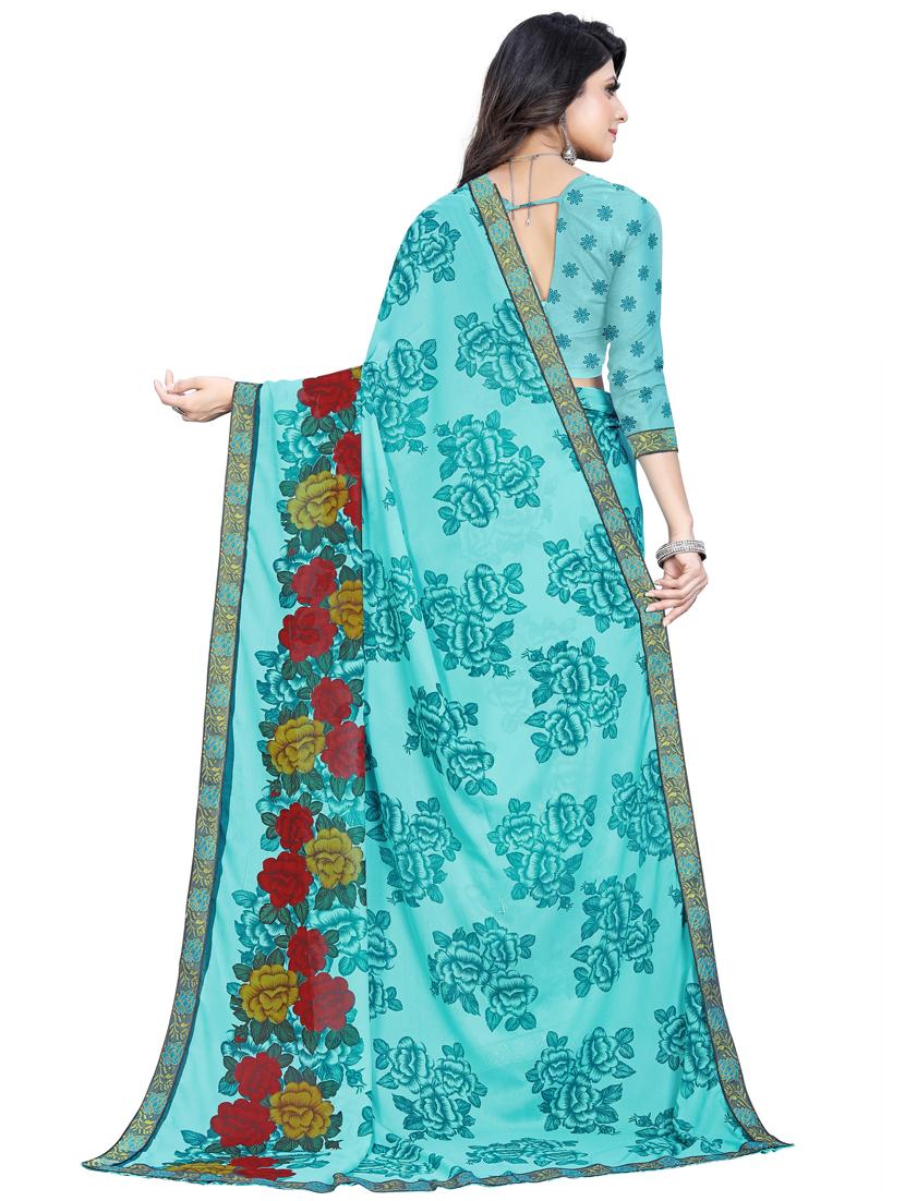 turquoise georgette printed saree with blouse - 18351406 -  Standard Image - 1
