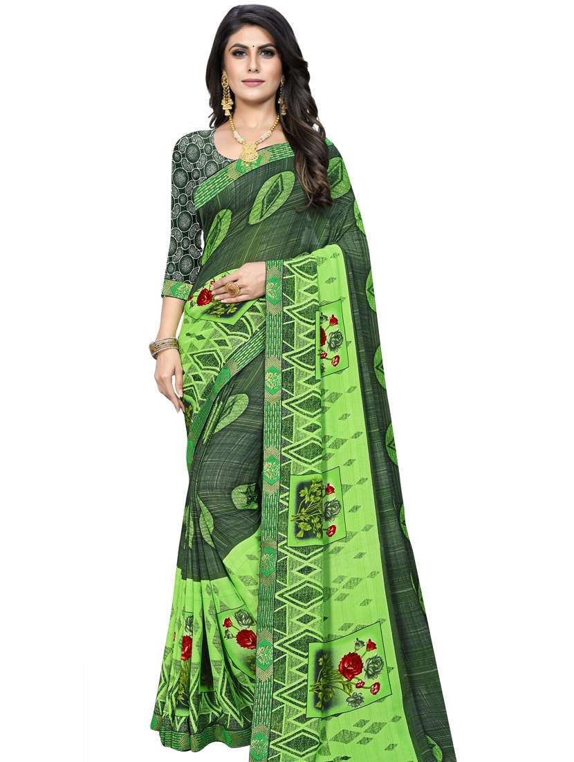green georgette printed saree