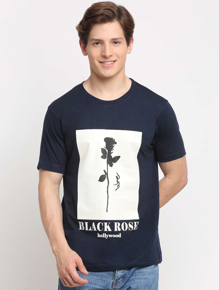 navy blue chest-printed t-shirt