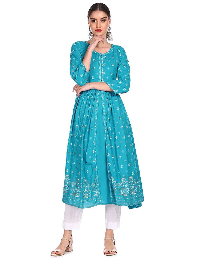 blue printed flared kurta