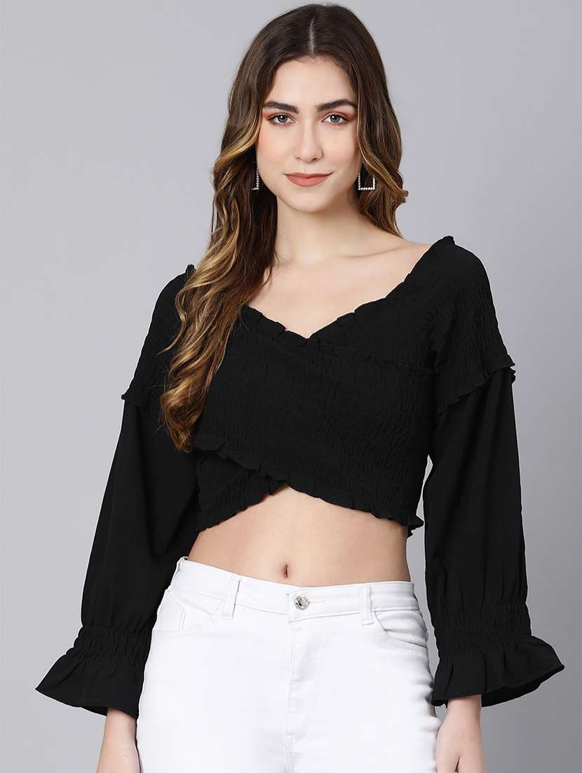 long sleeved smocked crop top
