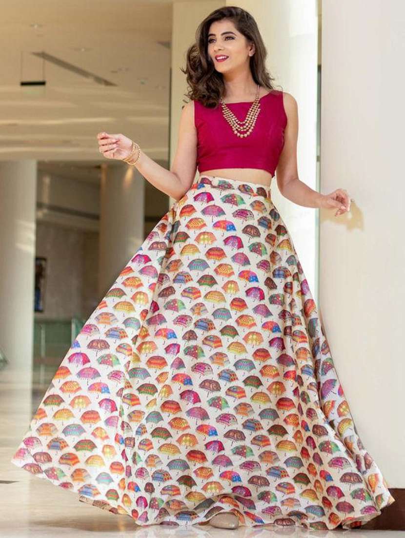 multi colored satin flared lehenga