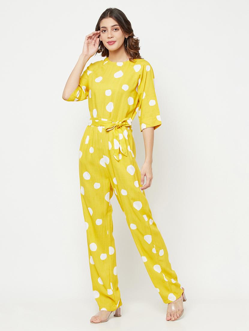 tie front polka dot full leg jumpsuit - 18355362 - Standard Image - 1