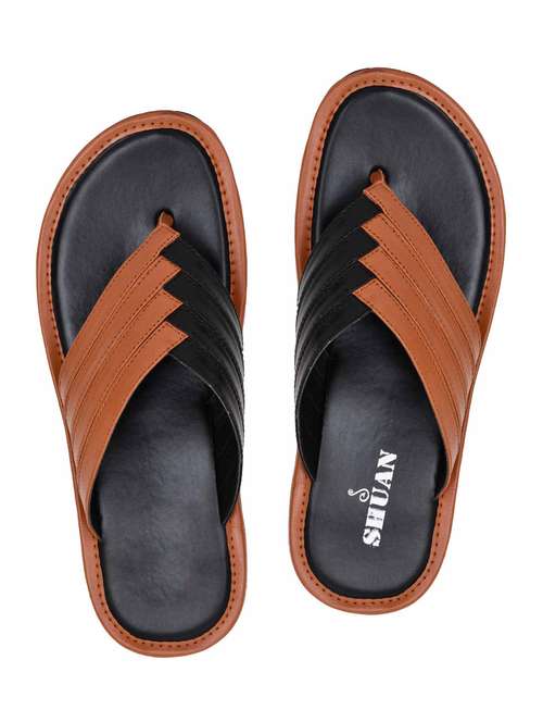 tan synthetic & mesh slip on flip flops