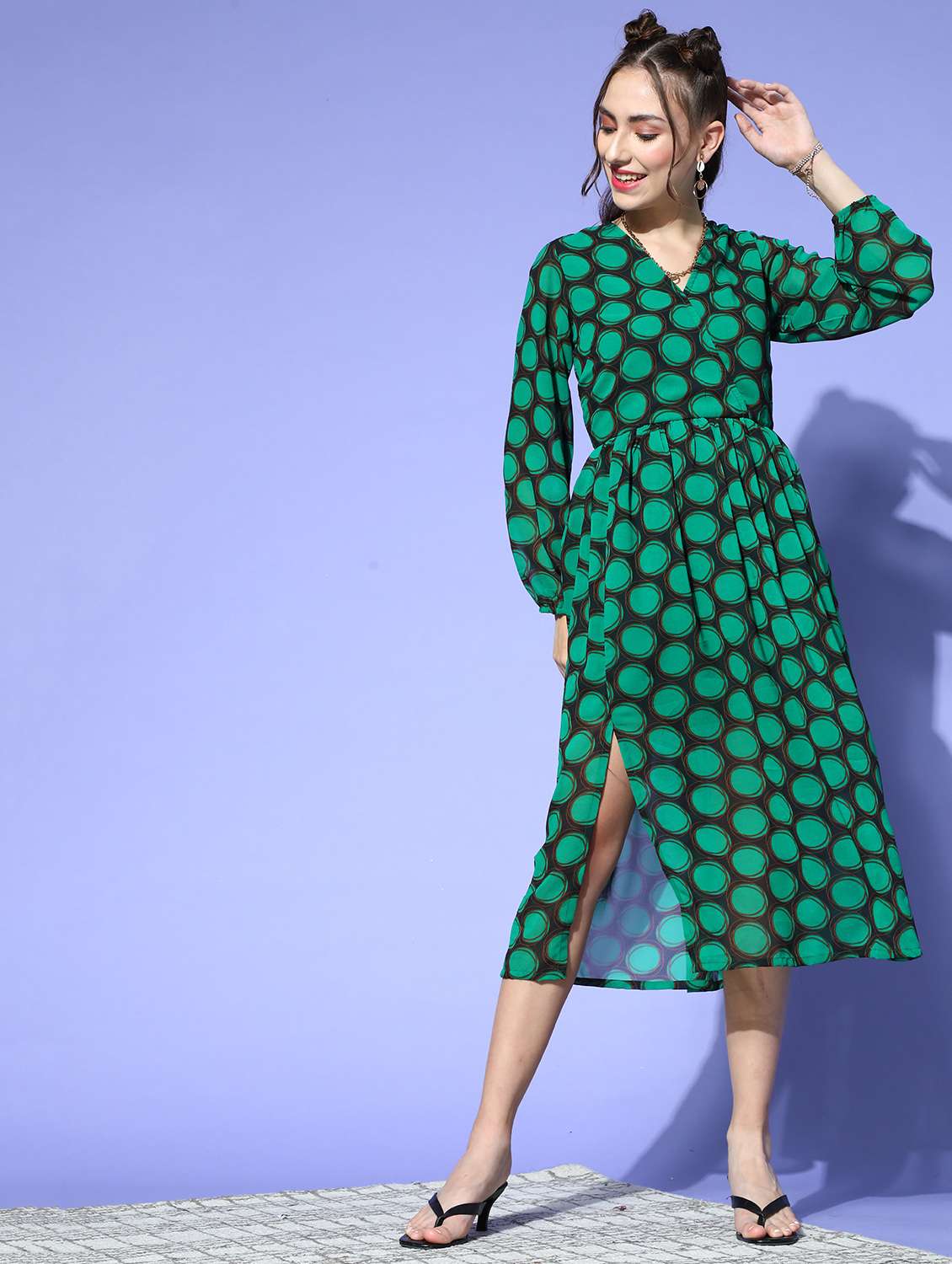 bishop sleeved printed a-line dress