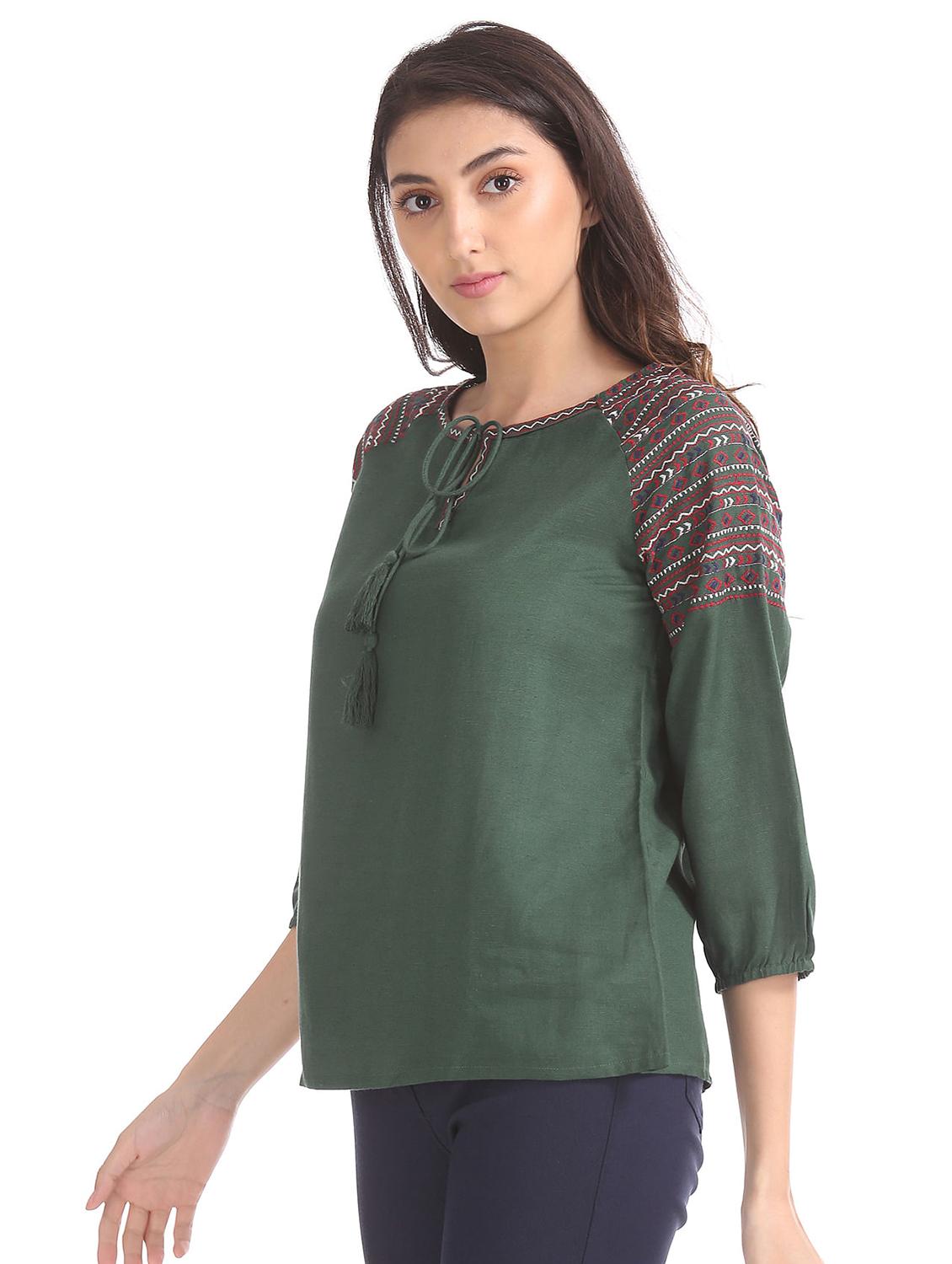 three quarter sleeved embroidered regular top - 18357391 - Standard Image - 1