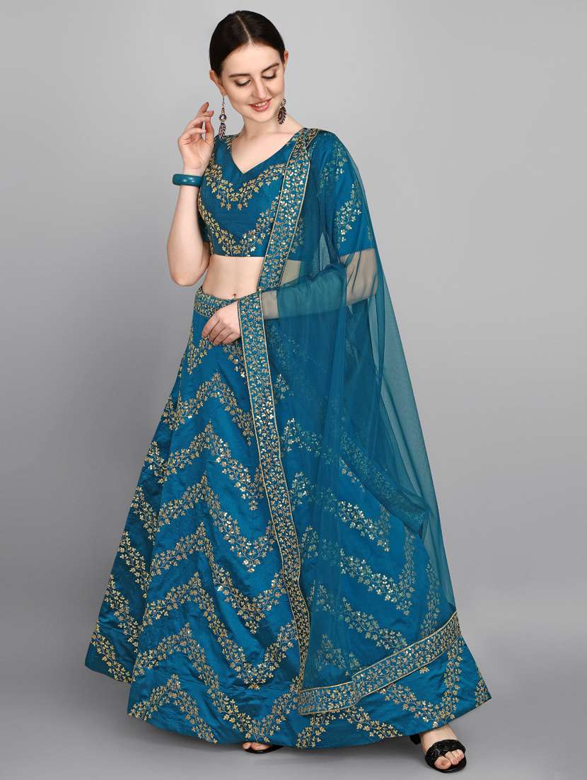 teal silk flared lehenga - 18358237 - Standard Image - 1