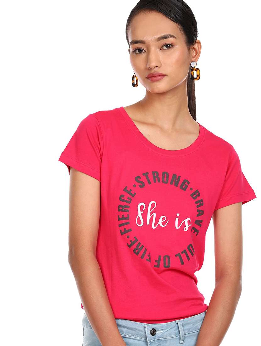 women's chest print round neck t-shirt