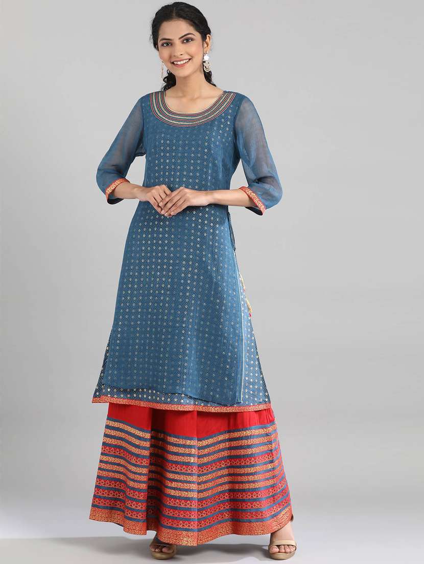 blue cotton blend kurta skirt  set