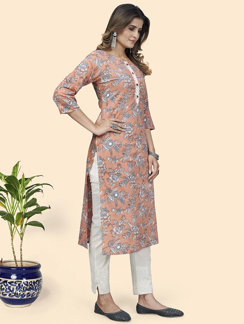 peach printed straight kurta - 18365710 - Standard Image - 1
