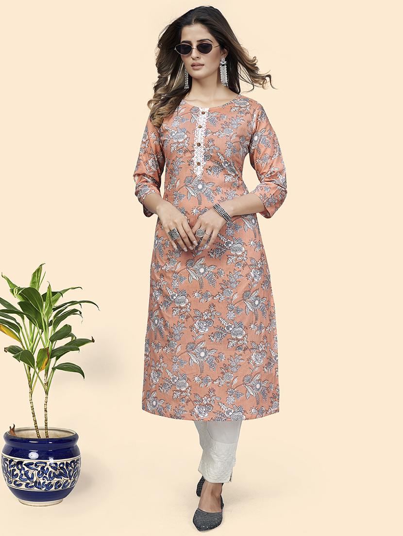 peach printed straight kurta - 18365710 - Standard Image - 4