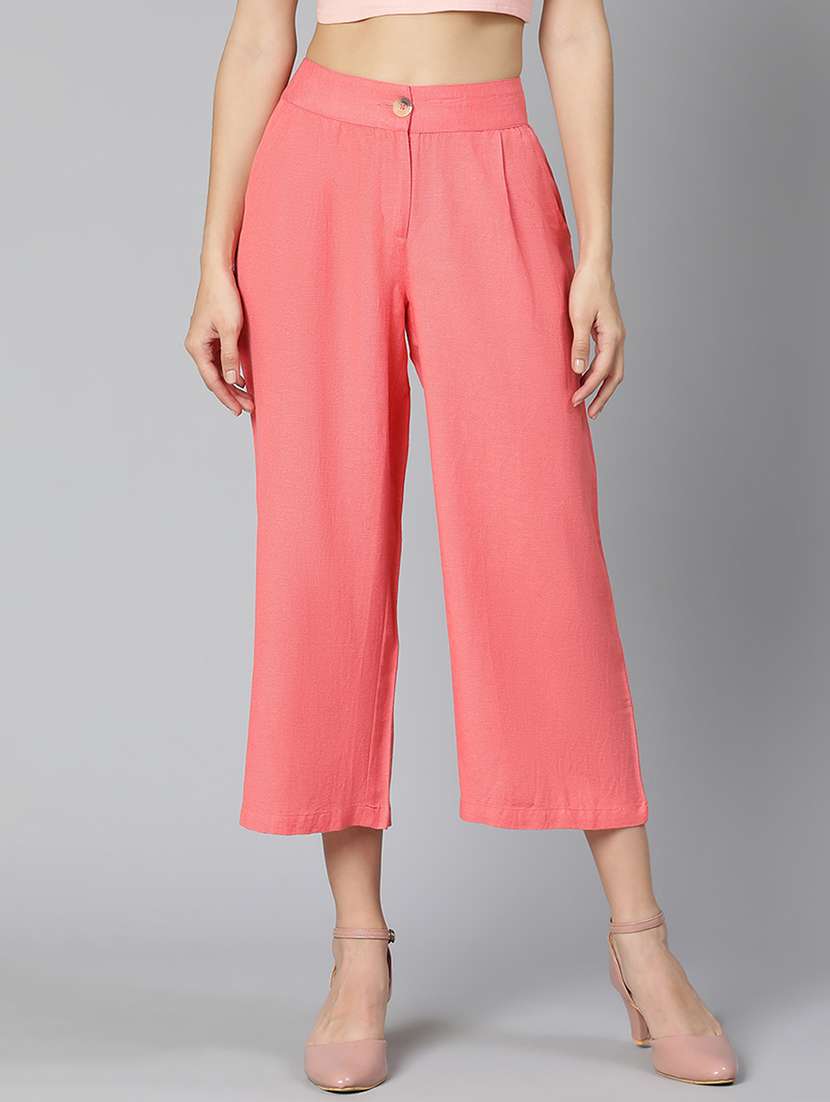 solid coral pink flat front trouser