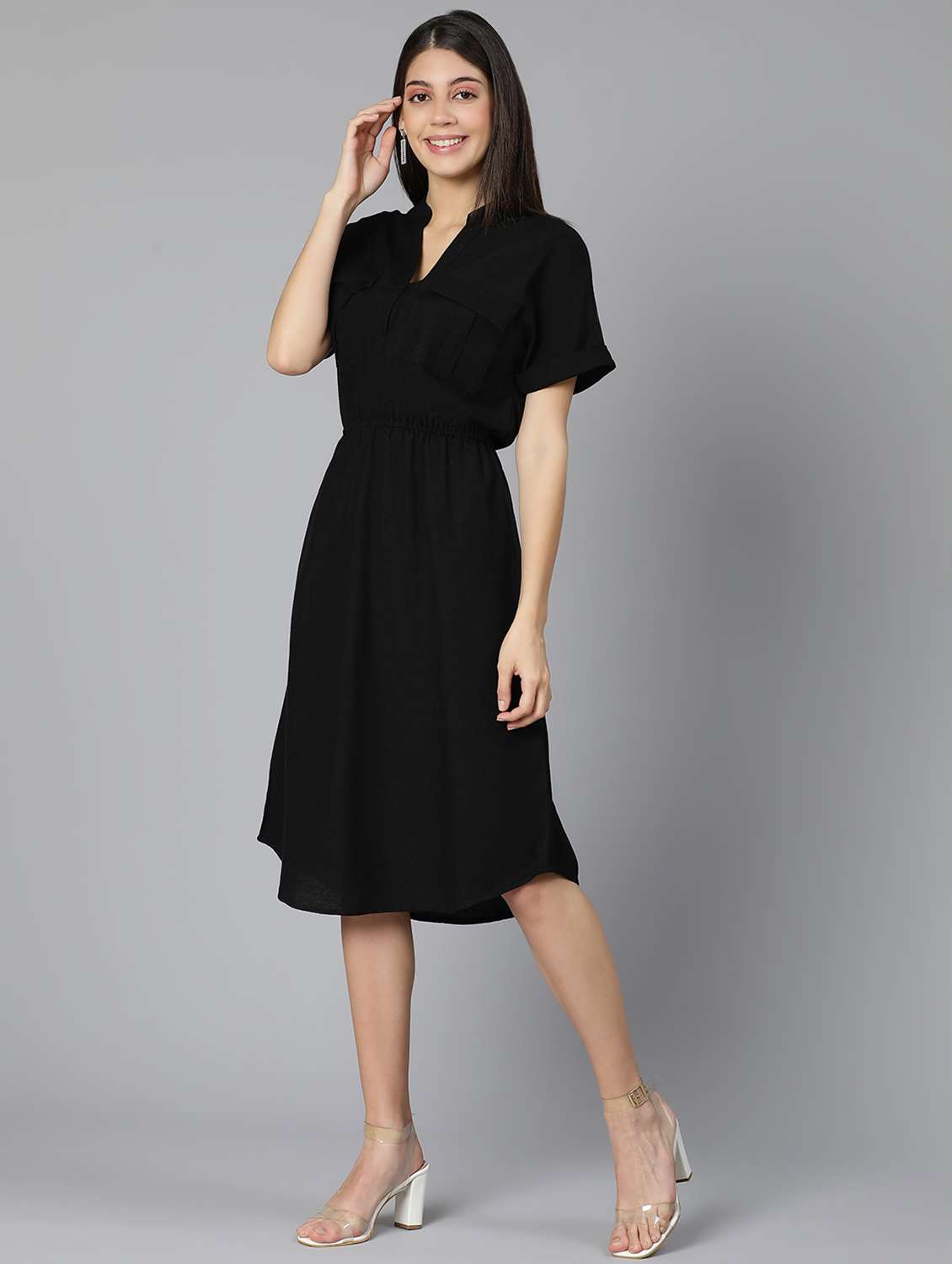 mandarin neck solid a-line dress - 18365736 -  Standard Image - 1