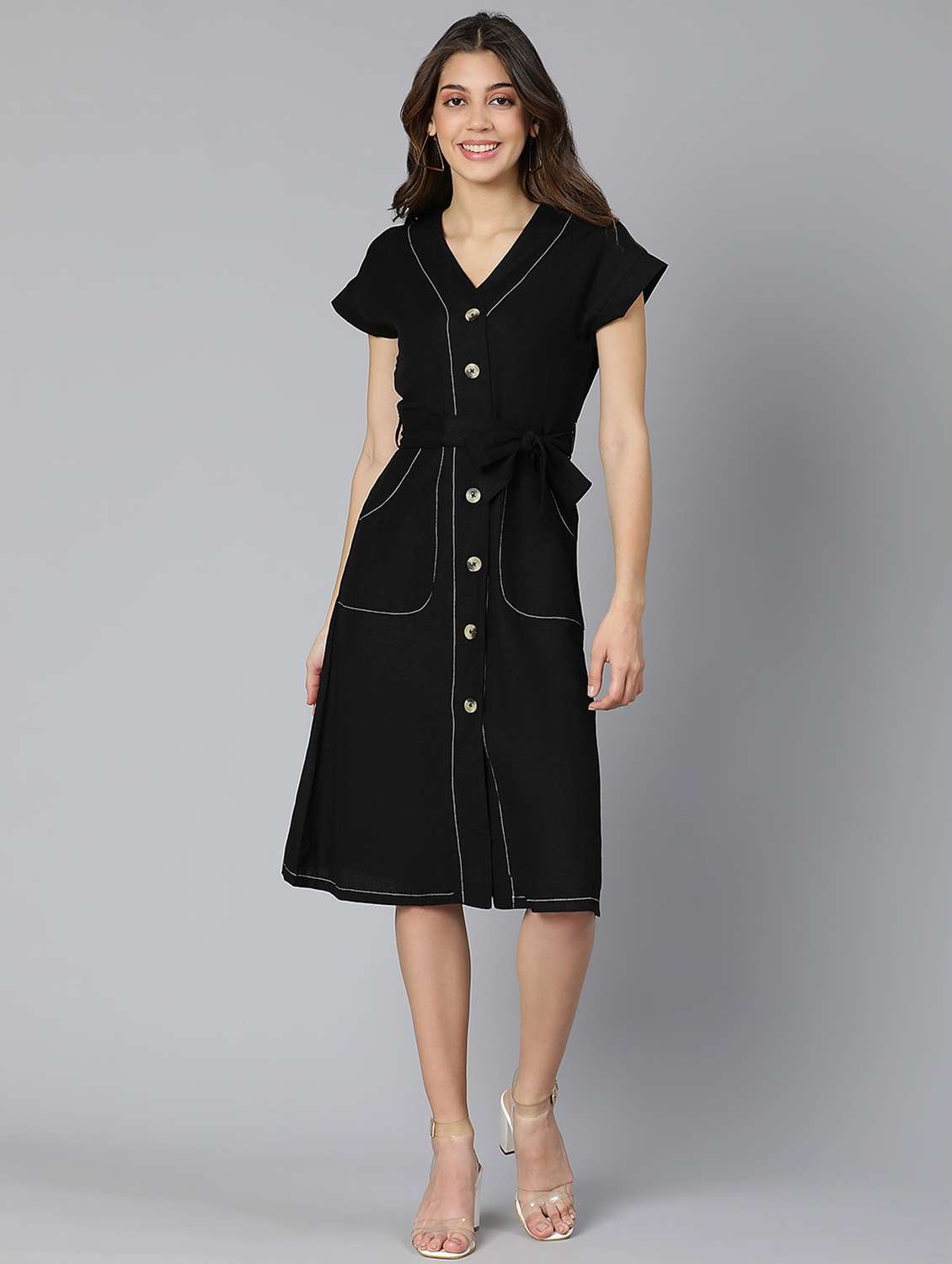 tie front solid a-line dress