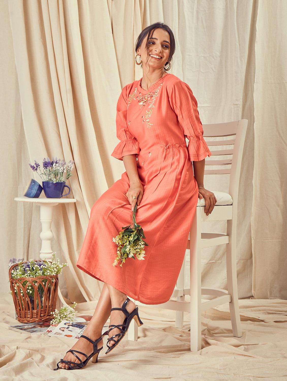 round neck embroidered a-line dress - 18366105 - Standard Image - 1