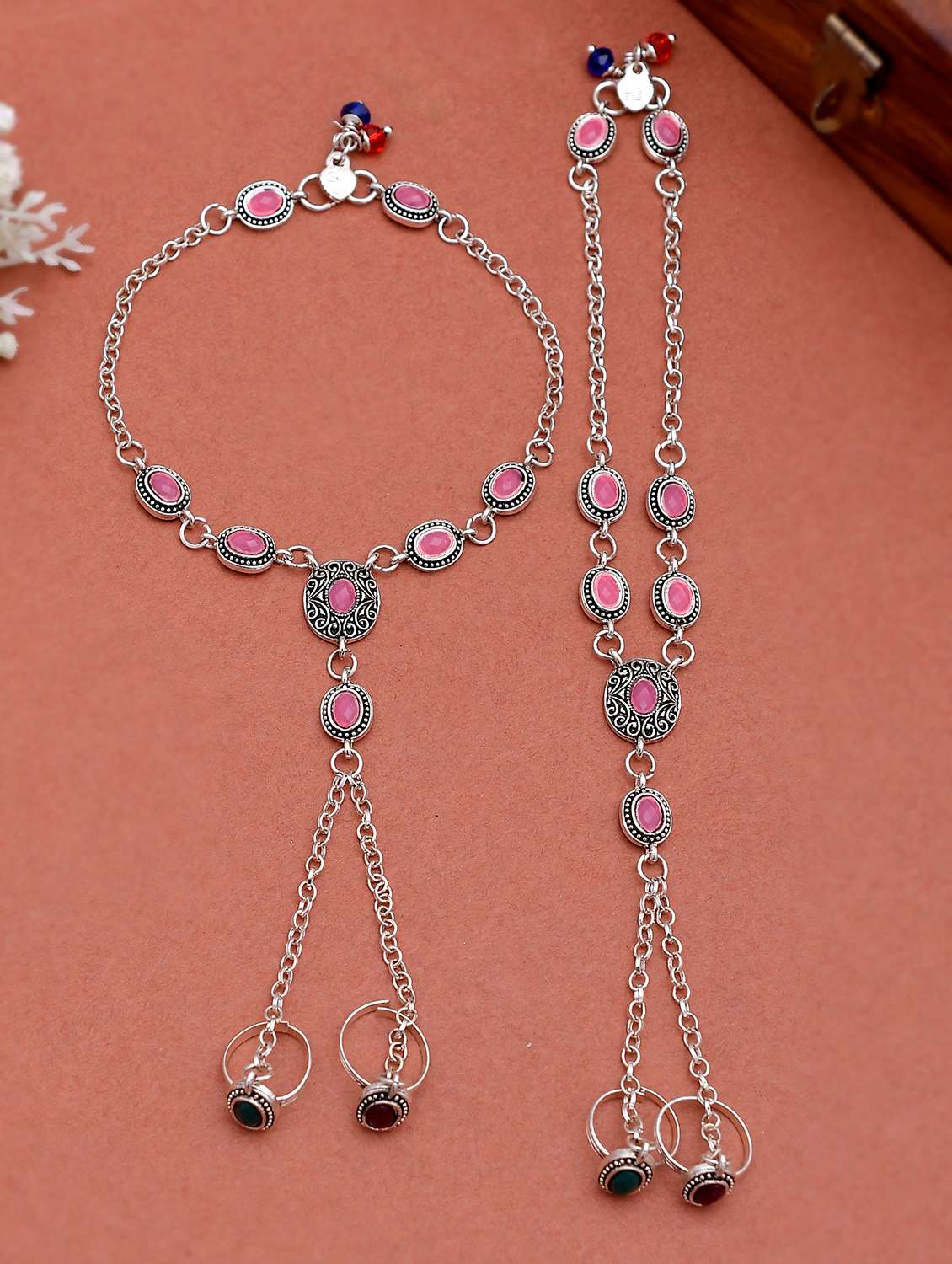 oxidized silver plated anklet with chained double toe ring