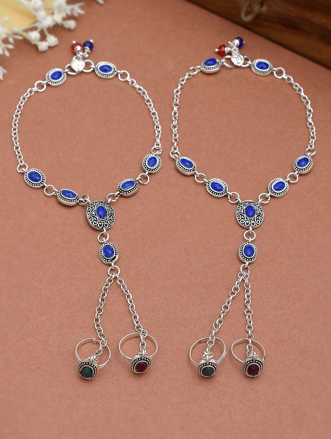 oxidized silver anklet with chained double toe ring