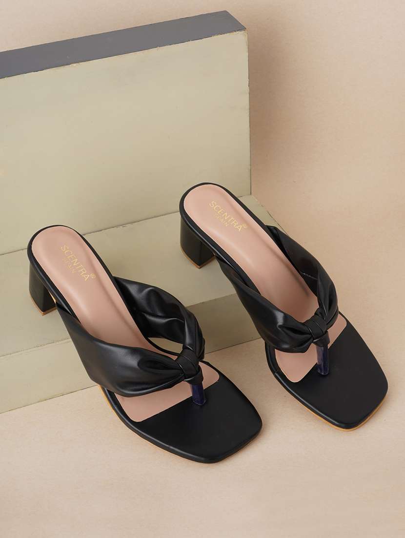 black synthetic slip on sandals