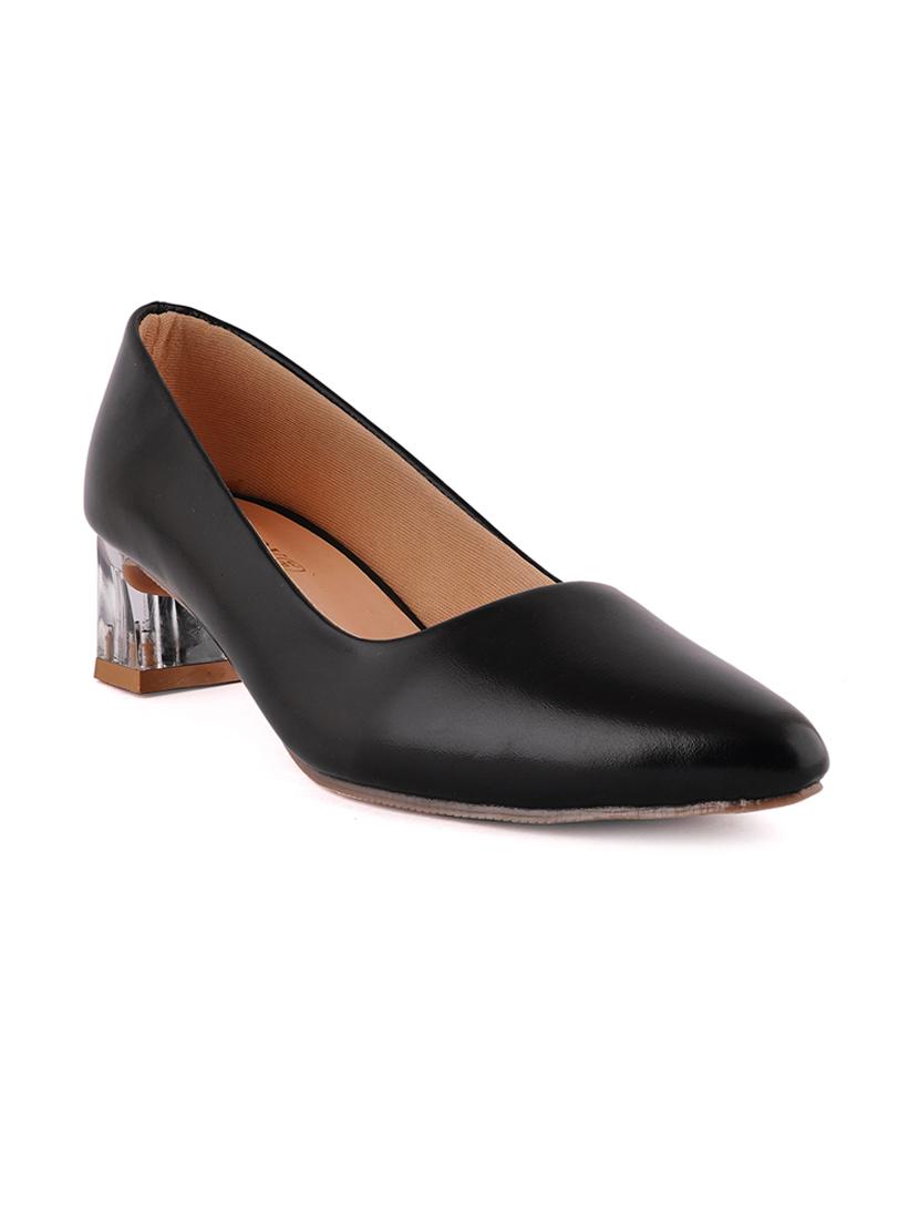 black synthetic slip on pumps
