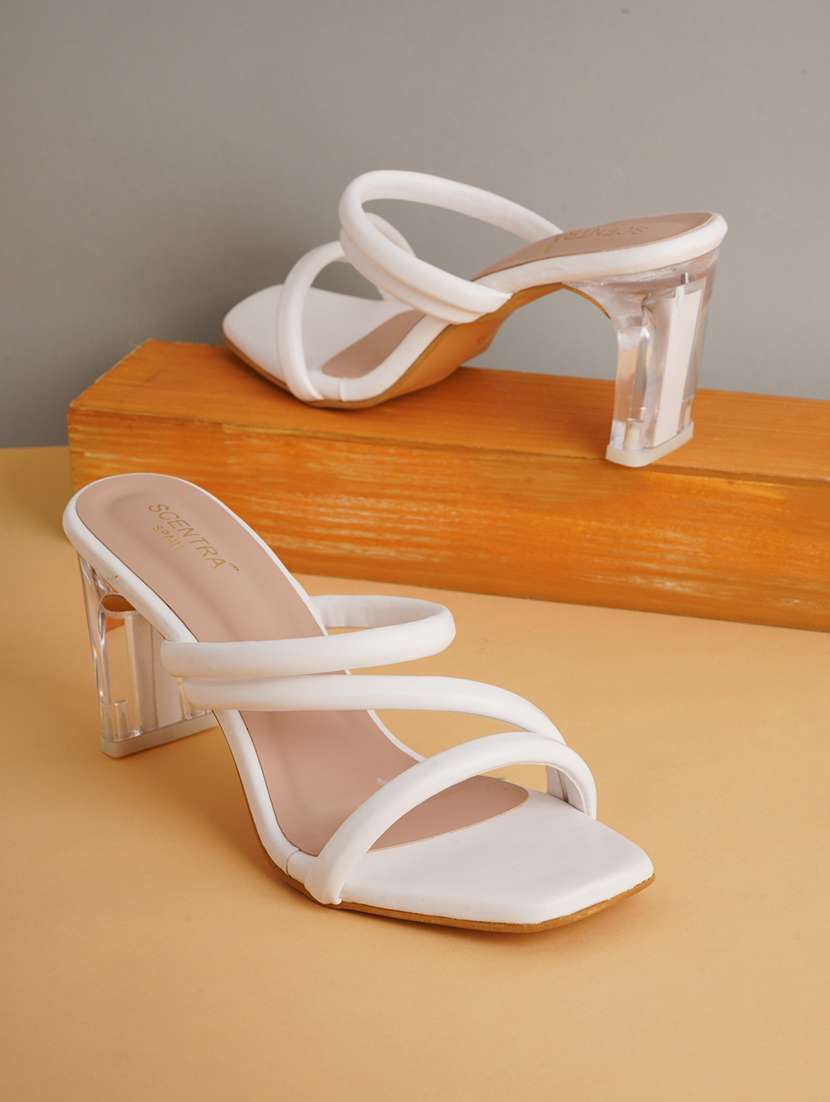white synthetic slip on sandals