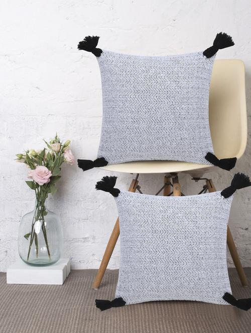 mezposh deviant white & black polycotton chevron cushion cover with tassels (16x16in) (set of 2) - 18369281 - Standard Image - 0
