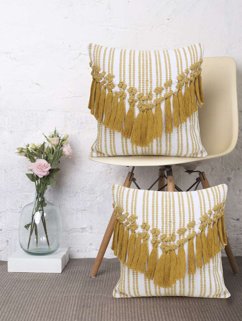 mezposh droplet white & mustard cotton canvas  striped cushion cover with tassels (16x16in) (set of 2)