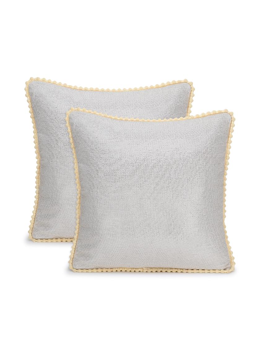 mezposh dazzle dazzle silver & natrual cotton lurex solid self design pompom cushion cover (16"x16") (set of 2) - 18369294 - Standard Image - 1