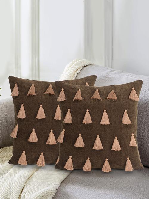 mezposh droplet brown cotton velvet solid self design tasselled cushion cover (16"x16") (set of 2) - 18369295 - Standard Image - 0