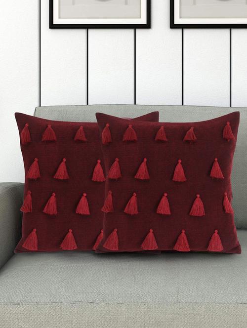 mezposh droplet wine cotton velvet solid self design tasselled cushion cover (16"x16") (set of 2) - 18369296 - Standard Image - 0