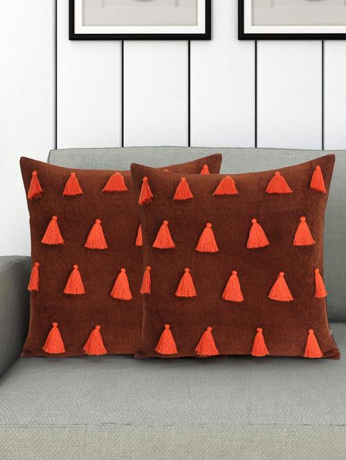 mezposh droplet rust & orange cotton velvet solid self design tasselled cushion cover (16"x16") (set of 2) - 18369297 -  Standard Image - 0