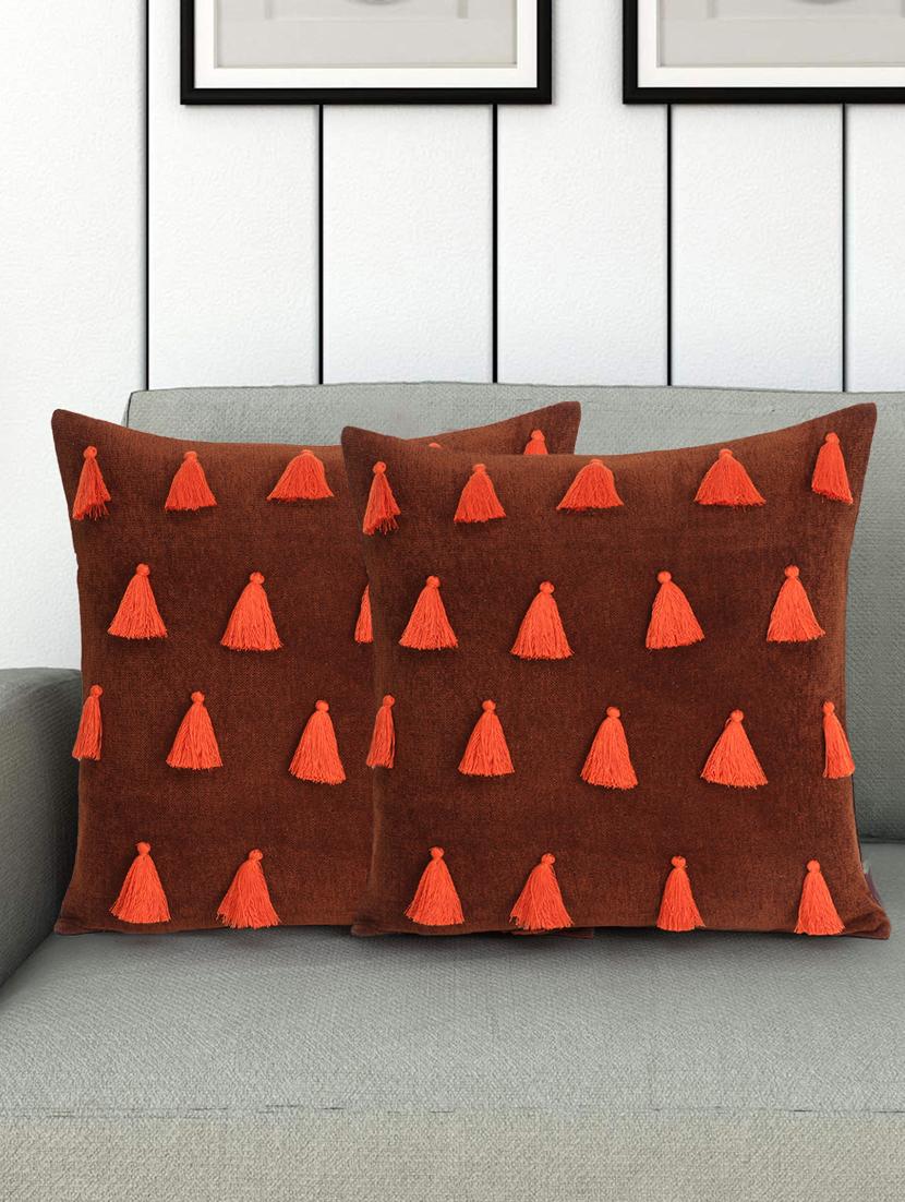 mezposh droplet rust & orange cotton velvet solid self design tasselled cushion cover (16"x16") (set of 2) - 18369297 -  Zoom Image - 0