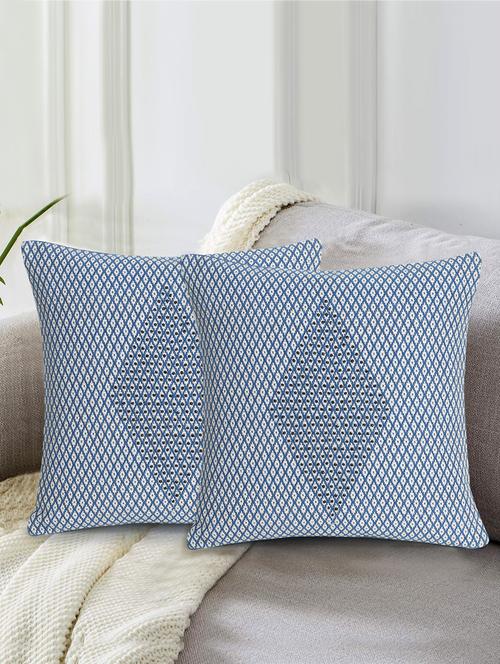 mezposh indigo blue & white polycotton jacquard embellished cushion cover (16"x16") (set of 2) - 18369322 -  Standard Image - 0