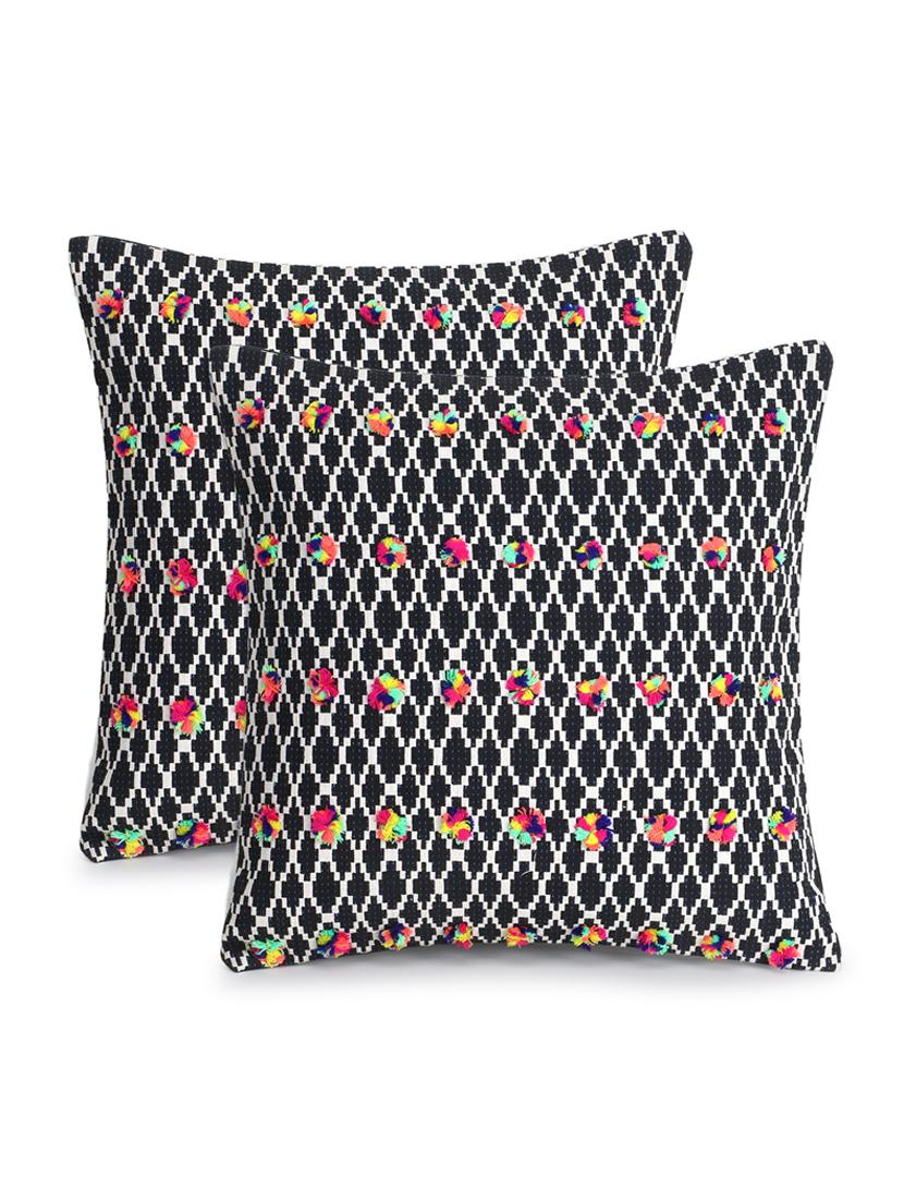 mezposh acoustic black, white & multi cotton jacquard quirky pompom cushion cover (16"x16") (set of 2) - 18369334 - Zoom Image - 0