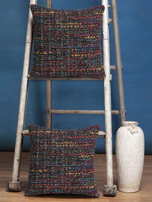 mezposh motley black & multi wool self design zari cushion cover (16"x16") (set of 2)