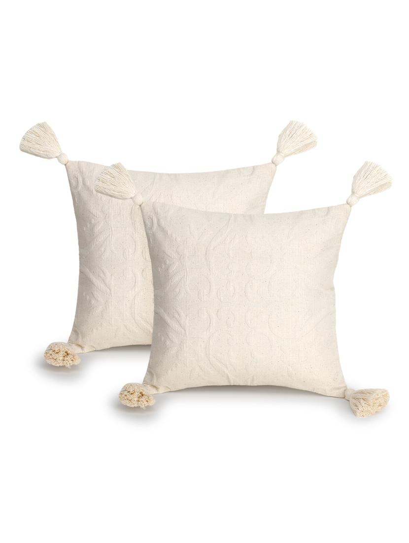 mezposh rasta natural cotton self design tasselled cushion cover (12"x12") (set of 2) - 18369343 -  Standard Image - 1
