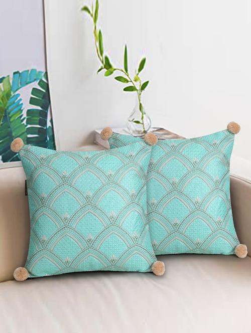 mezposh tribal sea green & coral ethnic motifs embroidered faux silk cushion covers (16"x16") set of 2 - 18369365 - Standard Image - 0