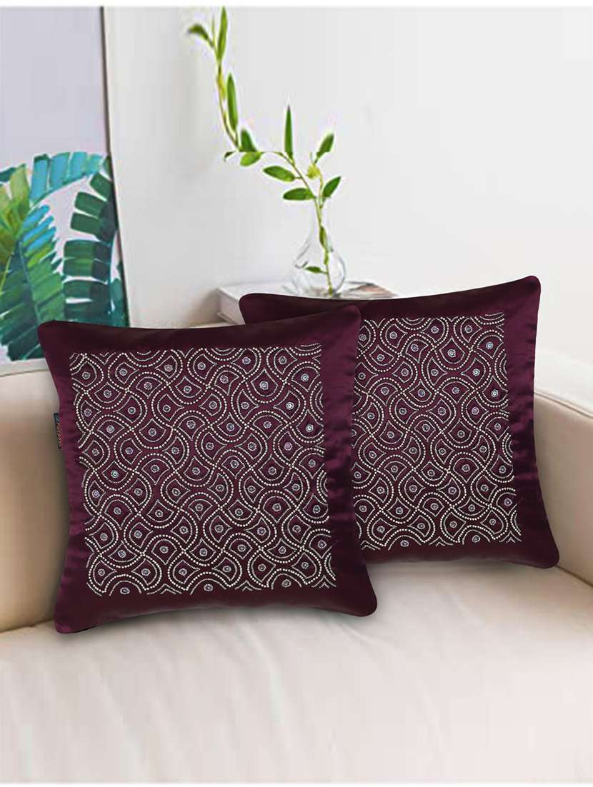 Mezposh Dazzle Purple & Silver Ogee Embellished Satin Cushion Covers (16"X16")  Set Of 2