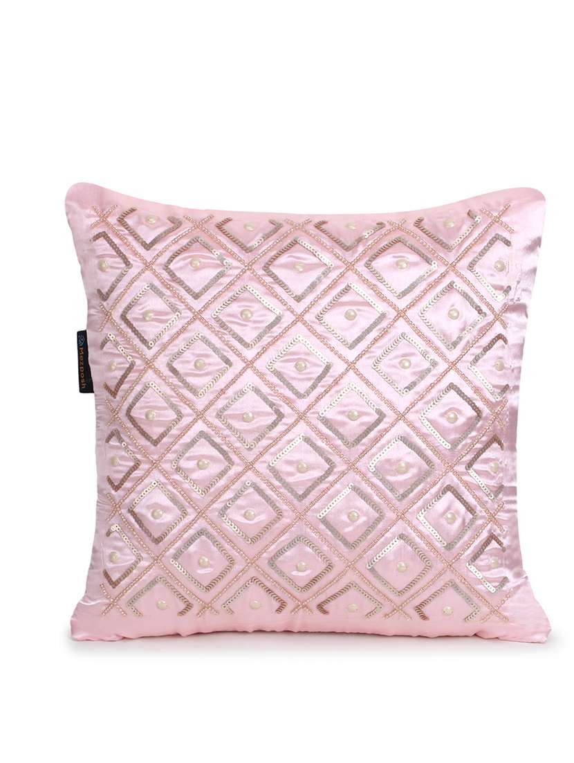 Mezposh Dazzle Baby Pink Geometric Embellished Satin Cushion Covers (14"X14")  Set Of 2