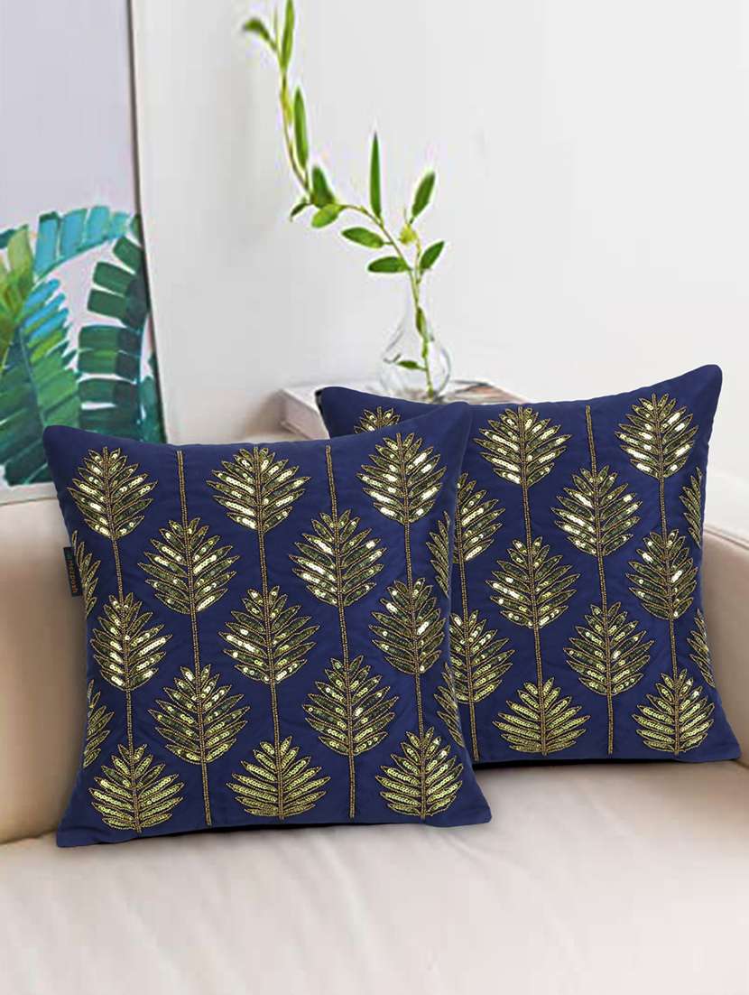 mezposh dazzle navy blue & lime green botanical embellished suede cushion covers (16"x16")  set of 2